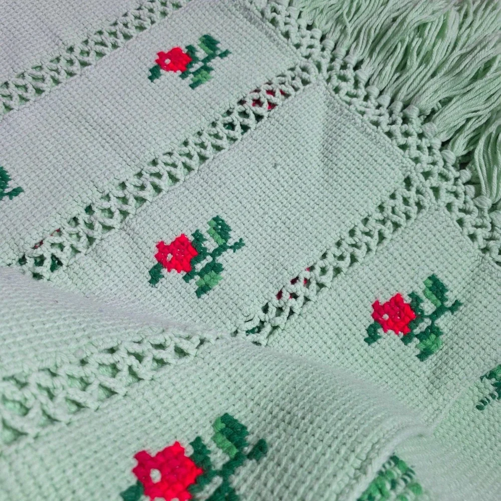 Handmade Afghan Throw Blanket Mint Green Red Rose Cross Stitch Fringe 60x71